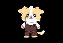 a drawing of a dog wearing overalls and a vest