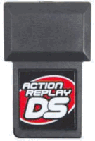 a black and red action replay ds cartridge with a red and white logo on it .