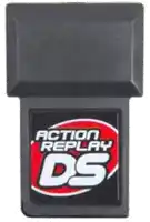 a black and red action replay ds cartridge with a red and white logo on it .