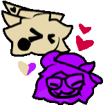 a drawing of two cartoon characters , one purple and one brown , surrounded by hearts .