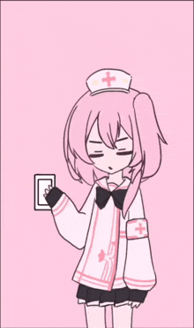 a girl with pink hair and a white hat with a red cross on it