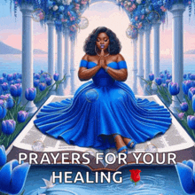 a woman in a blue dress sits on a bible with the words " prayers for your healing " above her