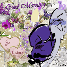 a good morning greeting card with a purple object