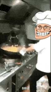 a cartoon chef is cooking food in a kitchen while wearing a chef 's hat and glasses .