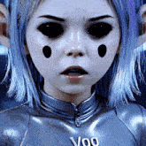 a close up of a person 's face with a necklace that says voo