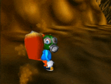 a cartoon character wearing a gas mask stands in a dark area