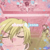 a girl in a dress is standing next to a boy with the words cheer and jesse written on the bottom