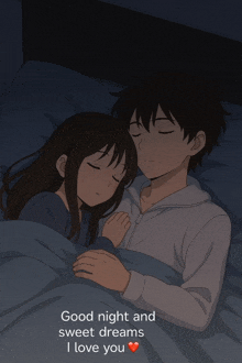 a cartoon of a boy and a girl sleeping with the words " good night and sweet dreams i love you " below them