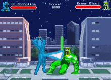 a video game with dr. manhattan and green giant in it