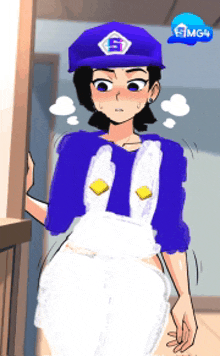 a girl wearing a blue hat with the letter s on it is standing in a room