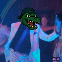 a cartoon of a crocodile wearing a hat and a suit has the number 3 look on the bottom right