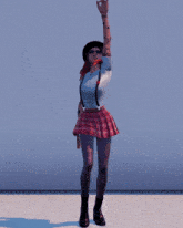 a woman in a plaid skirt and suspenders stands with her arms up