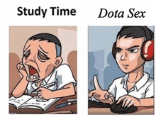 a cartoon of a man yawning while studying and playing a video game .