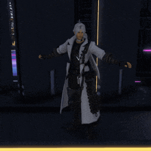 a man in a white coat holds a sword