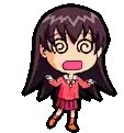 a pixel art drawing of a girl with a surprised look on her face and a swirl in her eyes .