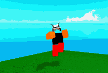 a cartoon character with horns and sunglasses is standing on a grassy hill