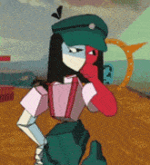 a cartoon character is wearing a green hat