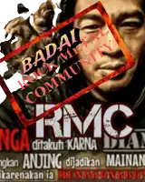 a poster with a man 's face and the words badai rock metal community rmc