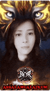 a picture of a woman with a tiger 's eyes and the words assalamualaikum