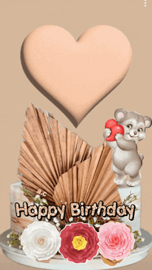 a happy birthday card with a teddy bear holding a heart and flowers