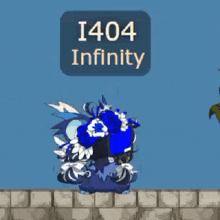 a cartoon character is standing in front of a blue sign that says i404 infinity