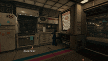 a video game character in a kitchen with the word quieres on the bottom