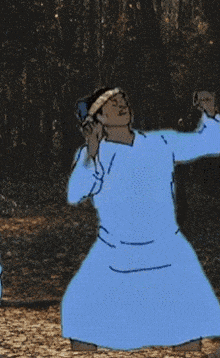 a drawing of a person in a blue robe standing in a forest