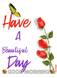 a butterfly sits above a bunch of red roses that say have a beautiful day