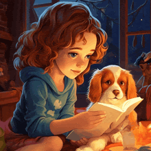 a girl is reading a book to a dog