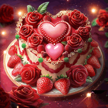 a heart shaped cake decorated with strawberries and roses