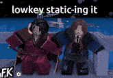 a man and a woman are standing next to each other with the words lowkey static-ing it behind them