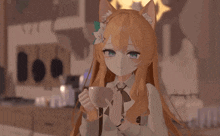 a girl with a cat ear is drinking a cup of coffee