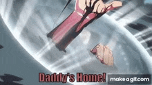 daddy 's home ! make a gif.com is a gif of a person holding a sword .