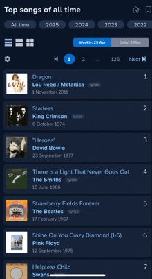 a screenshot of the top songs of all time showing dragon lou reed metallica starless king crimson and david bowie