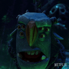 a close up of a monster with a netflix logo behind it