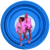 a blue circle with a picture of two women dancing in it