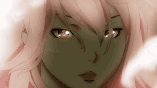 a close up of a woman 's face with pink hair and green eyes