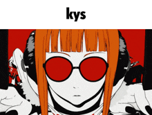 a drawing of a girl with red glasses and the word kys on the bottom