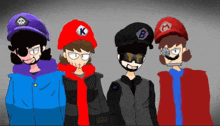 four cartoon characters standing next to each other with one wearing a red hat with the letter b on it