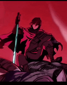 a drawing of a person holding a sword in a red background