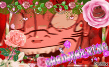 a picture of a man surrounded by pink roses and says good morning