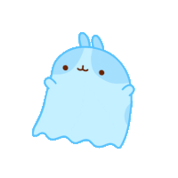 a cartoon drawing of a blue ghost with bunny ears and a mustache