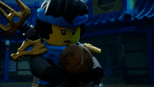 a lego character with a sword and a coconut