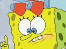 a cartoon of spongebob wearing red sunglasses and pointing at something .