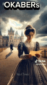 a poster for okabers shows a woman in a dress holding a piece of paper