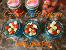 a good afternoon greeting with three jars filled with vegetables