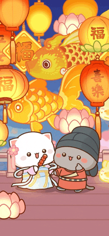 a couple of cartoon characters standing in front of lanterns