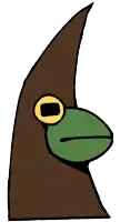 a cartoon drawing of a frog with a large yellow eye