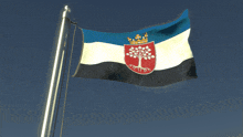 a blue white and black flag with a tree and a crown on it