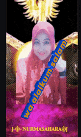 a picture of a woman with a blue sash that says " waalaikum salam "
